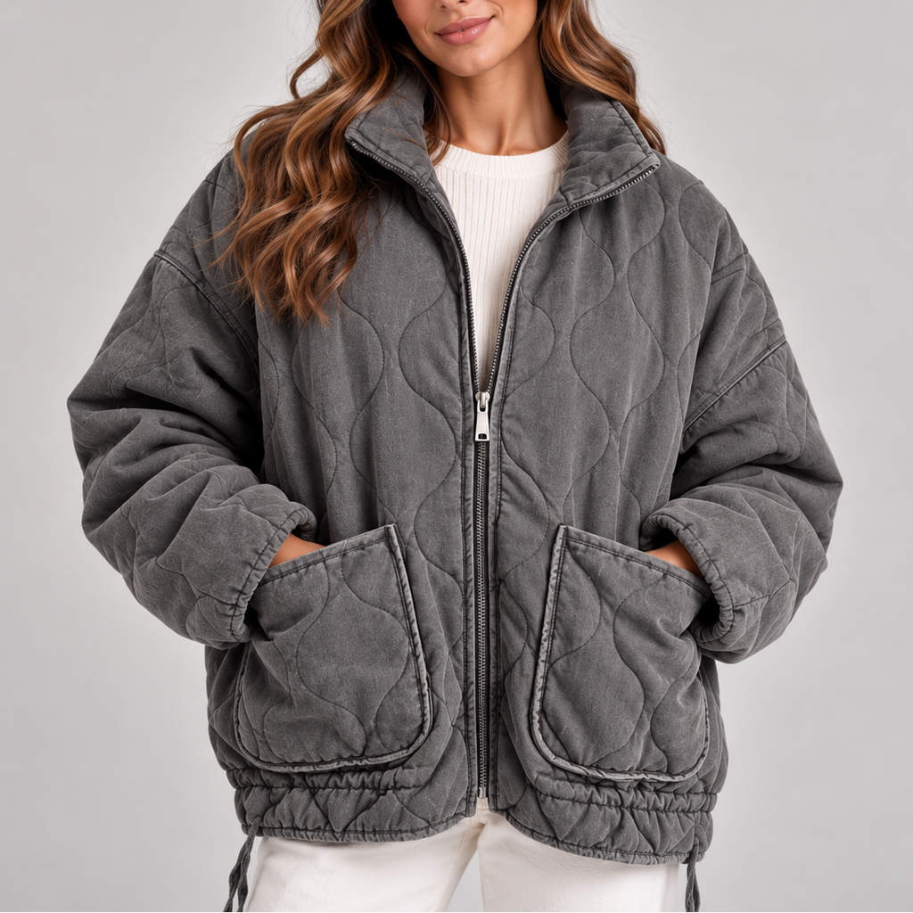 Women's Oversized Quilted Puffer Jacket – High Neck, Zip Up – Casual, Cold Weather