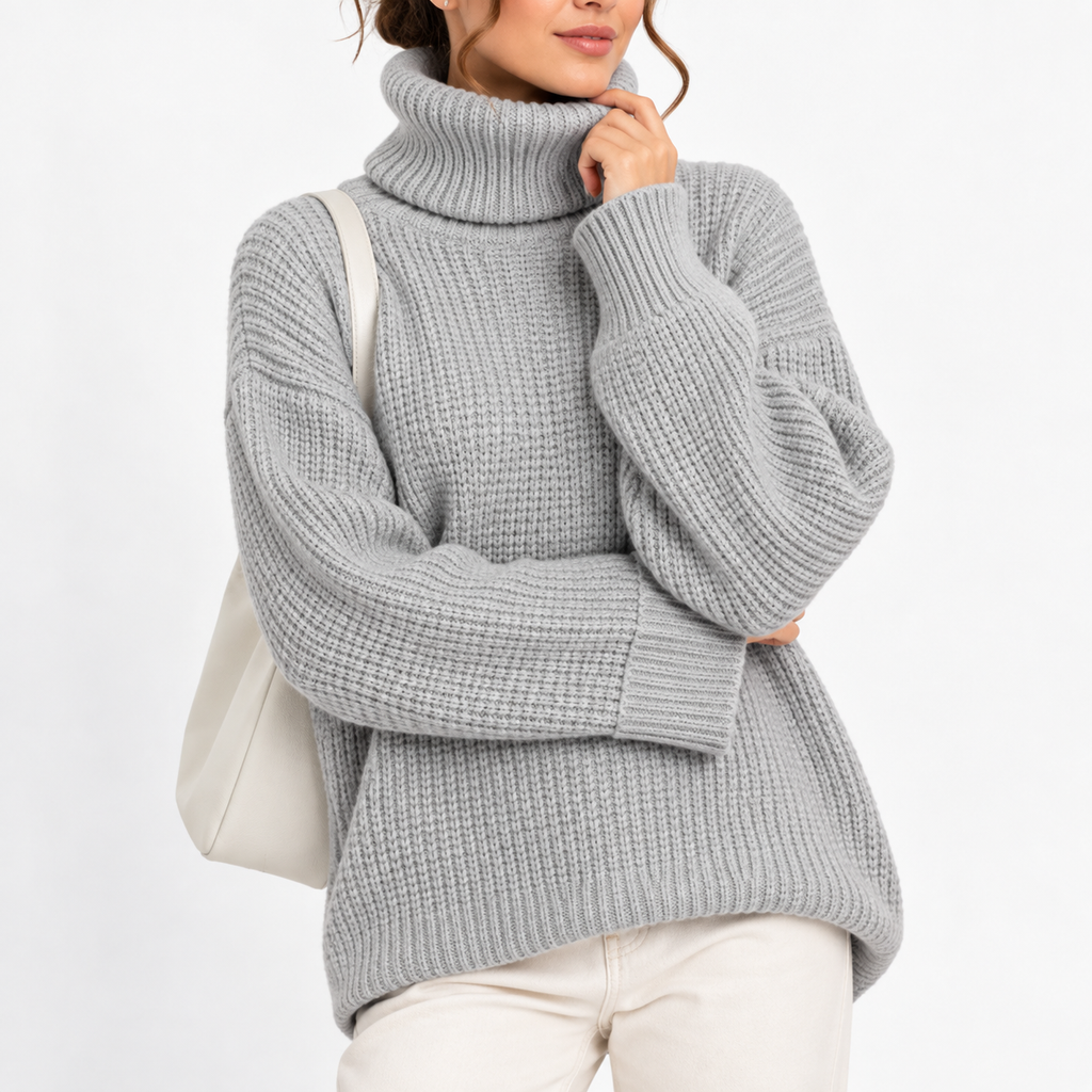 Women’s Oversized Turtleneck Sweater with Waffle Knit Texture