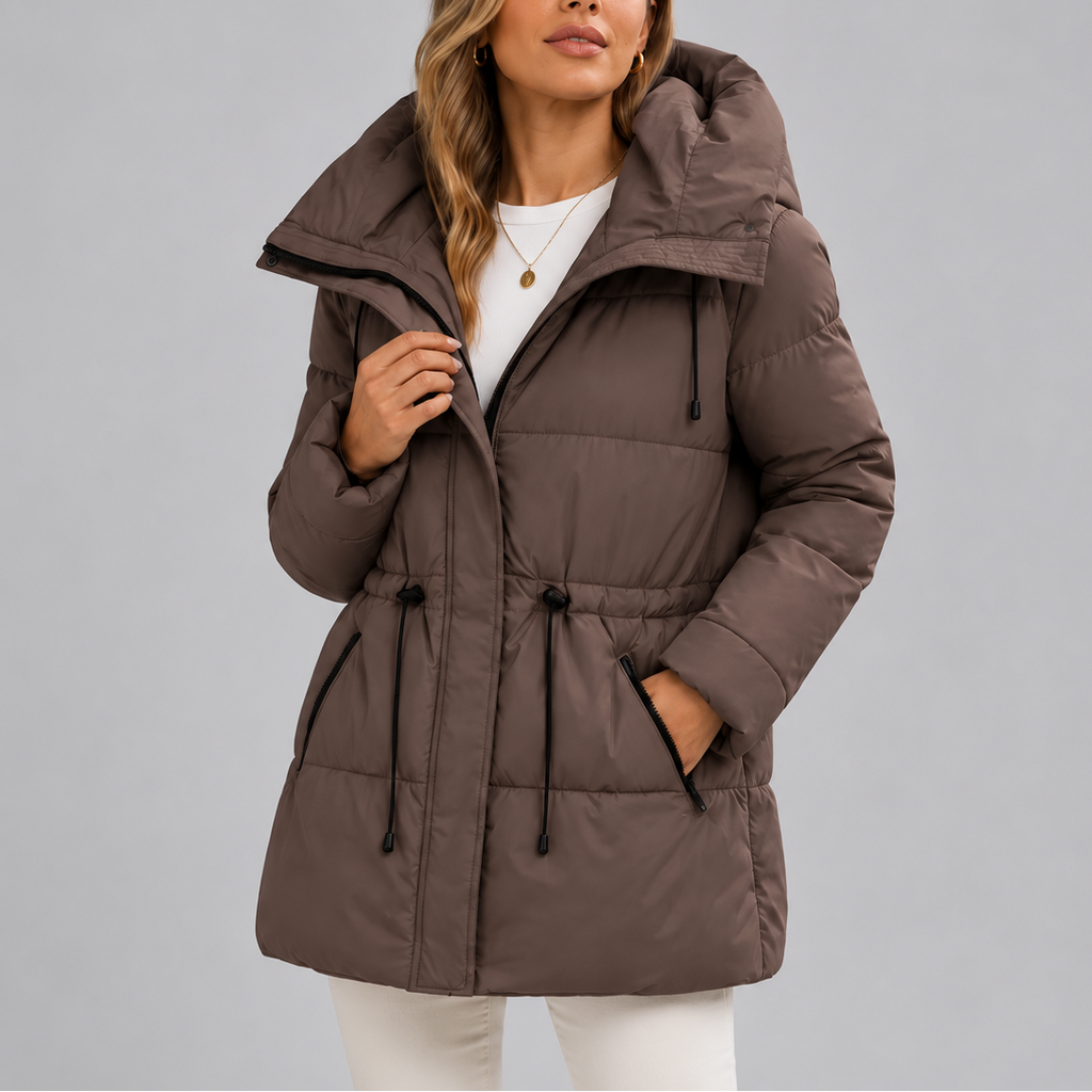 Women's Hooded Puffer Coat with Drawstring Waist – Casual Wear, Outdoor Activities