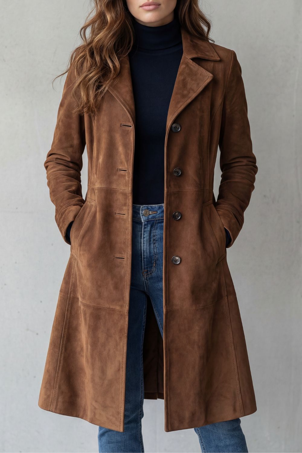 Women's Longline Coat in Vintage Suede Finish – Casual Wear, Layering