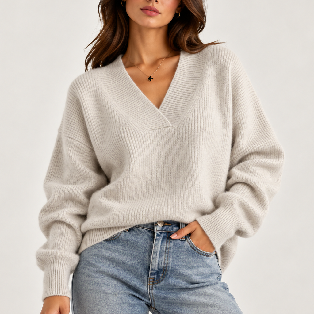 Women’s Oversized V-Neck Knitted Sweater – Soft Knit Jumper