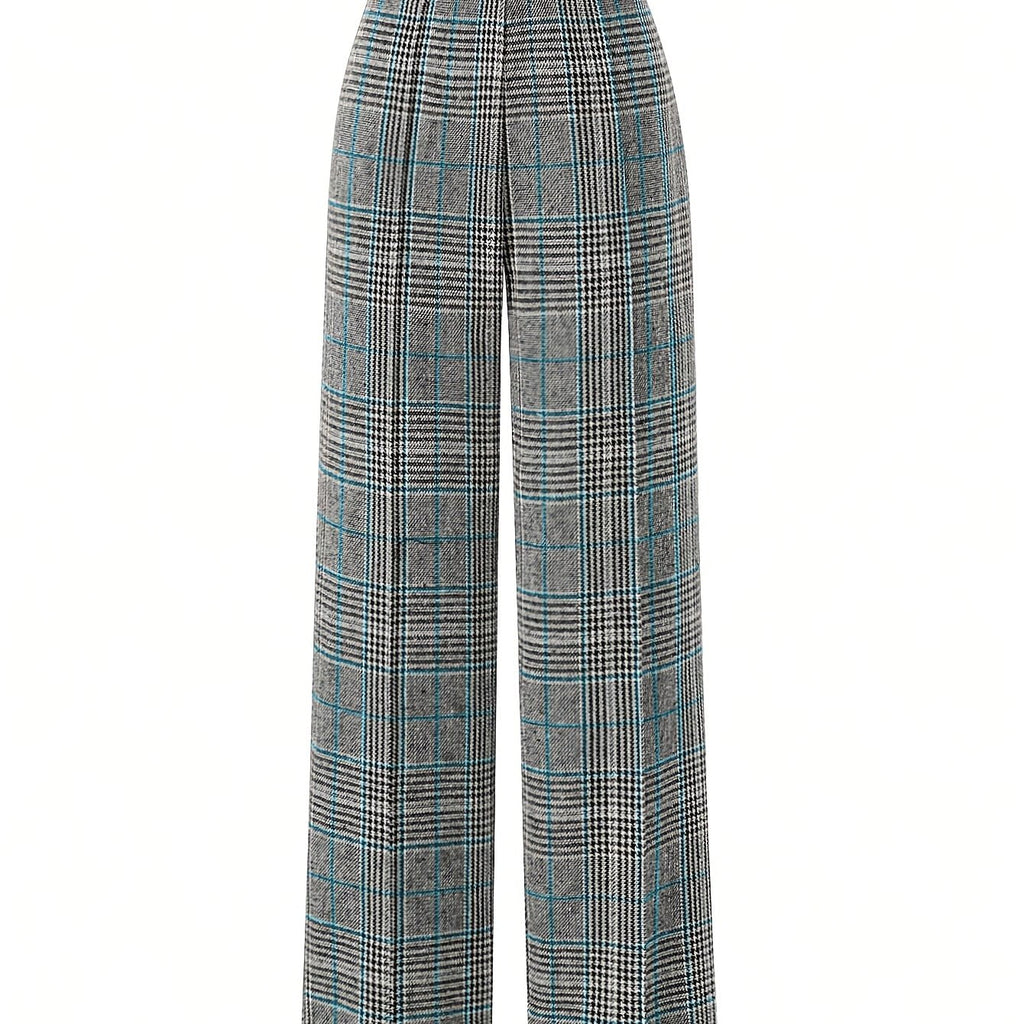 Wide-Leg Plaid Trousers for Women | Comfortable Cotton Blend Casual Pants