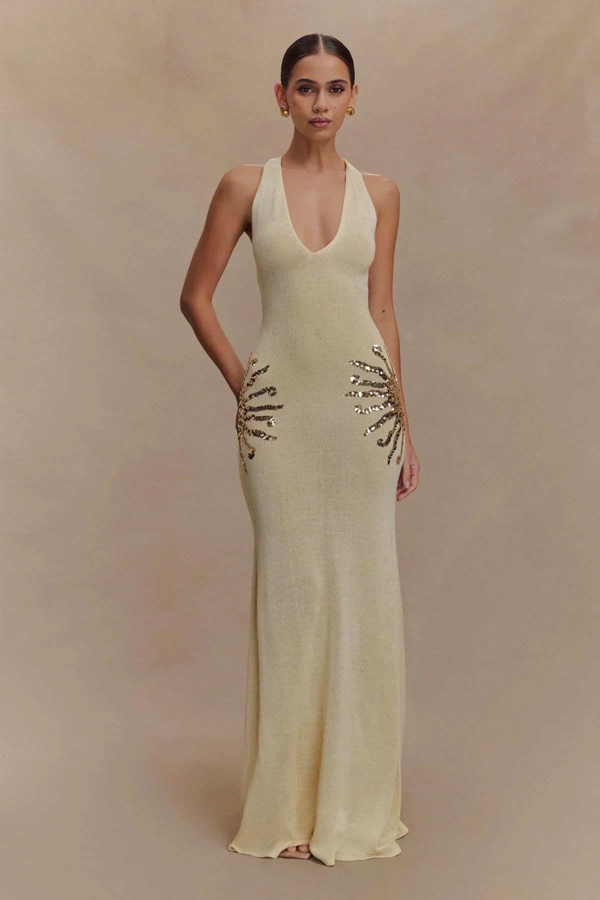 Sequin Plunging Open-Back Maxi Dress Women UK – Evening Gown, Cocktail Event