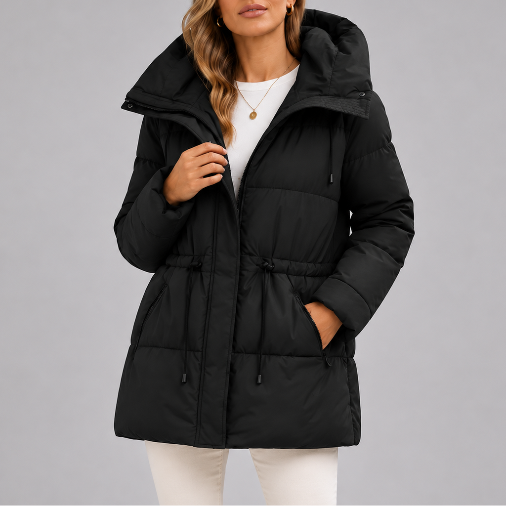Women's Hooded Puffer Coat with Drawstring Waist – Casual Wear, Outdoor Activities