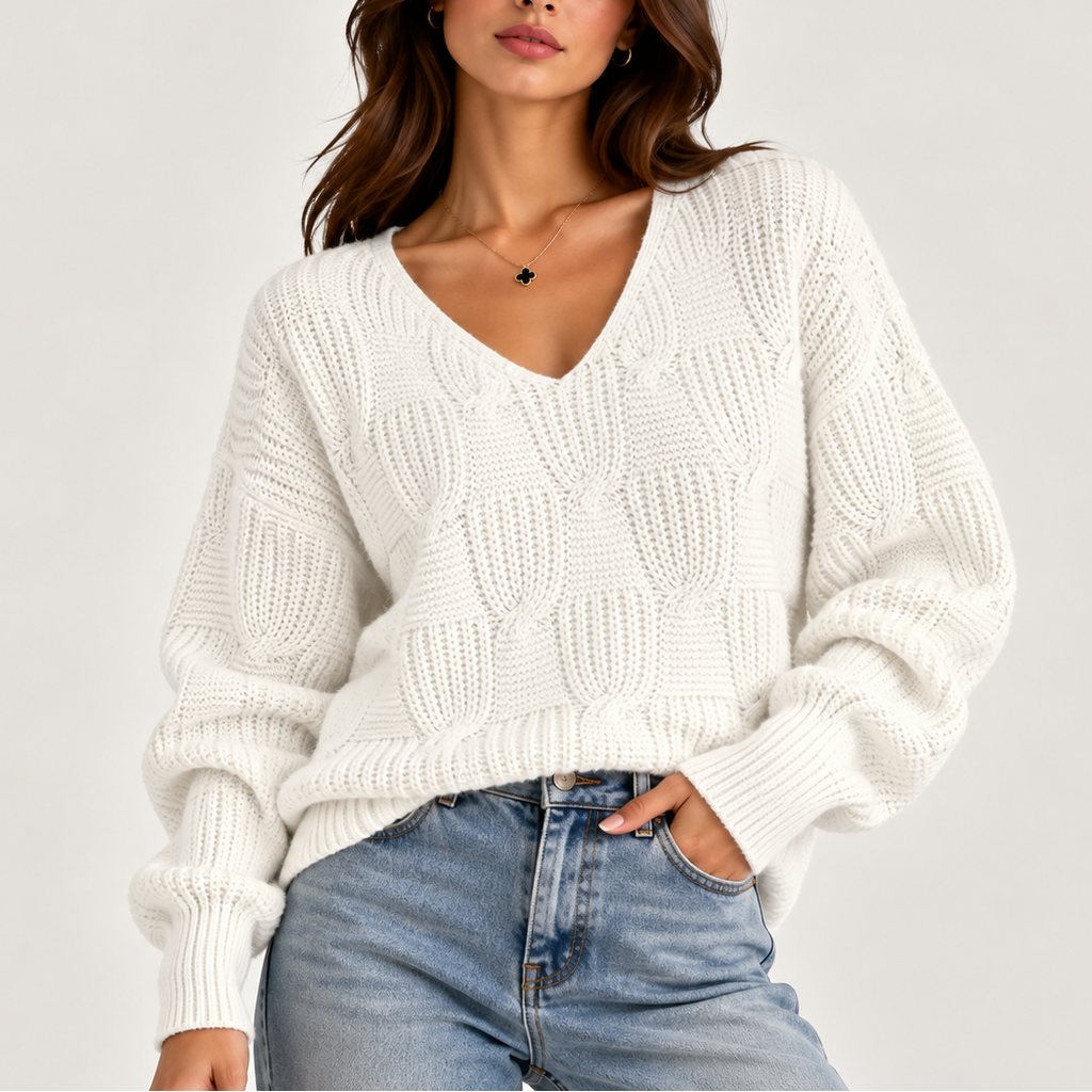 Women’s Oversized Cable Knit V-Neck Jumper – Casual Wear, Layering