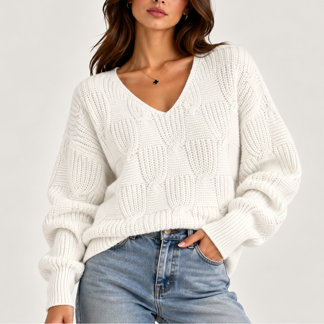 Women’s Oversized Cable Knit V-Neck Jumper – Casual Wear, Layering