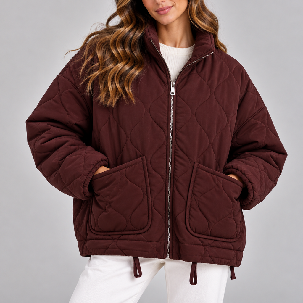 Women's Oversized Quilted Puffer Jacket – High Neck, Zip Up – Casual, Cold Weather