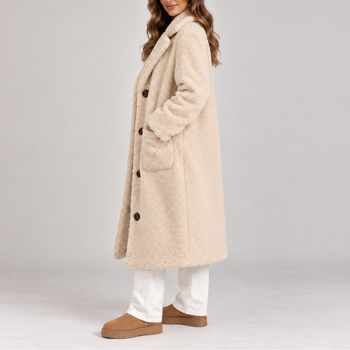 Women's Teddy Fleece Coat – Oversized, Button-Up, Long Winter Jacket – Casual, Everyday Wear