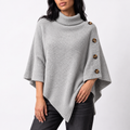 Women’s Knitted Turtleneck Poncho with Buttons and Asymmetric Hem
