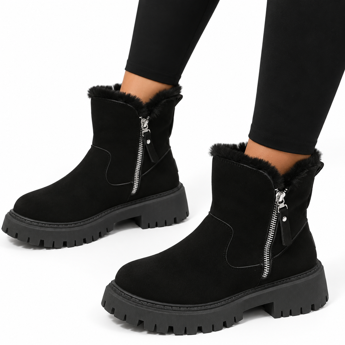 Women's Suede Ankle Boots with Fur Lining & Side Zip – Winter Fashion, Casual Wear