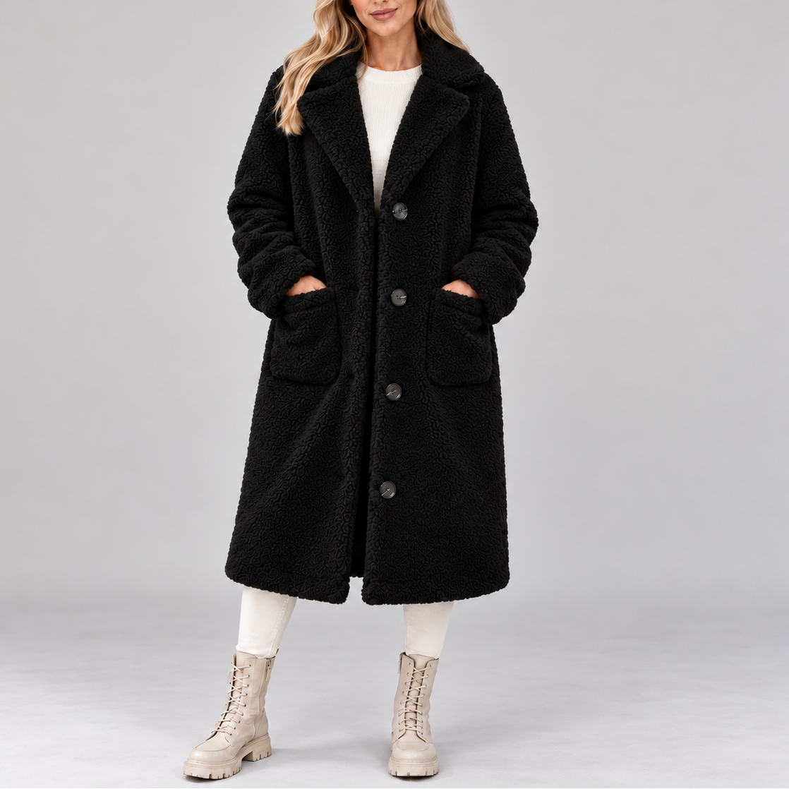 Women's Teddy Fleece Coat – Oversized, Button-Up, Long Winter Jacket – Casual, Everyday Wear