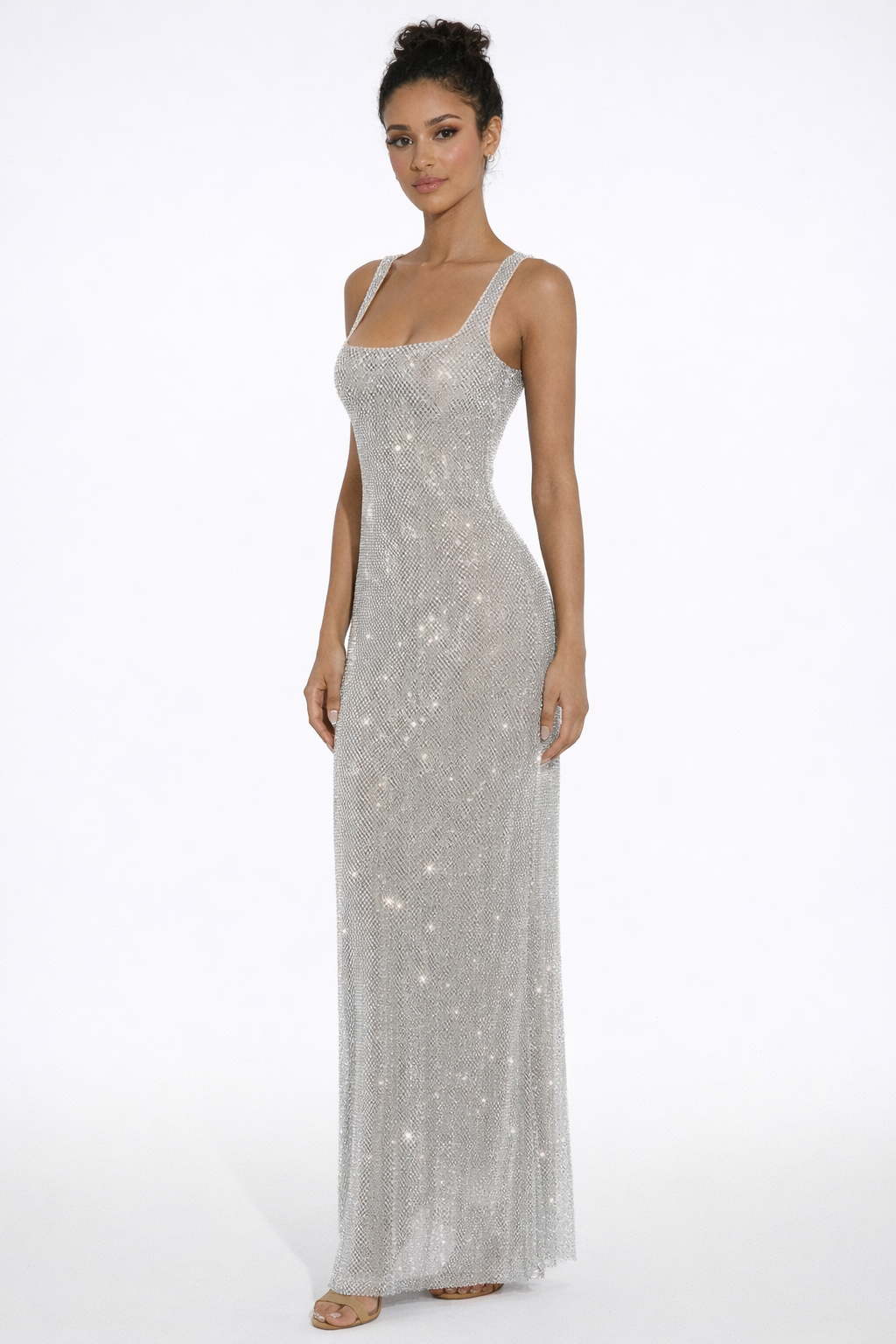 Crystal Mesh Square Neck Maxi Dress Women UK – Evening Gown, Formal Occasion