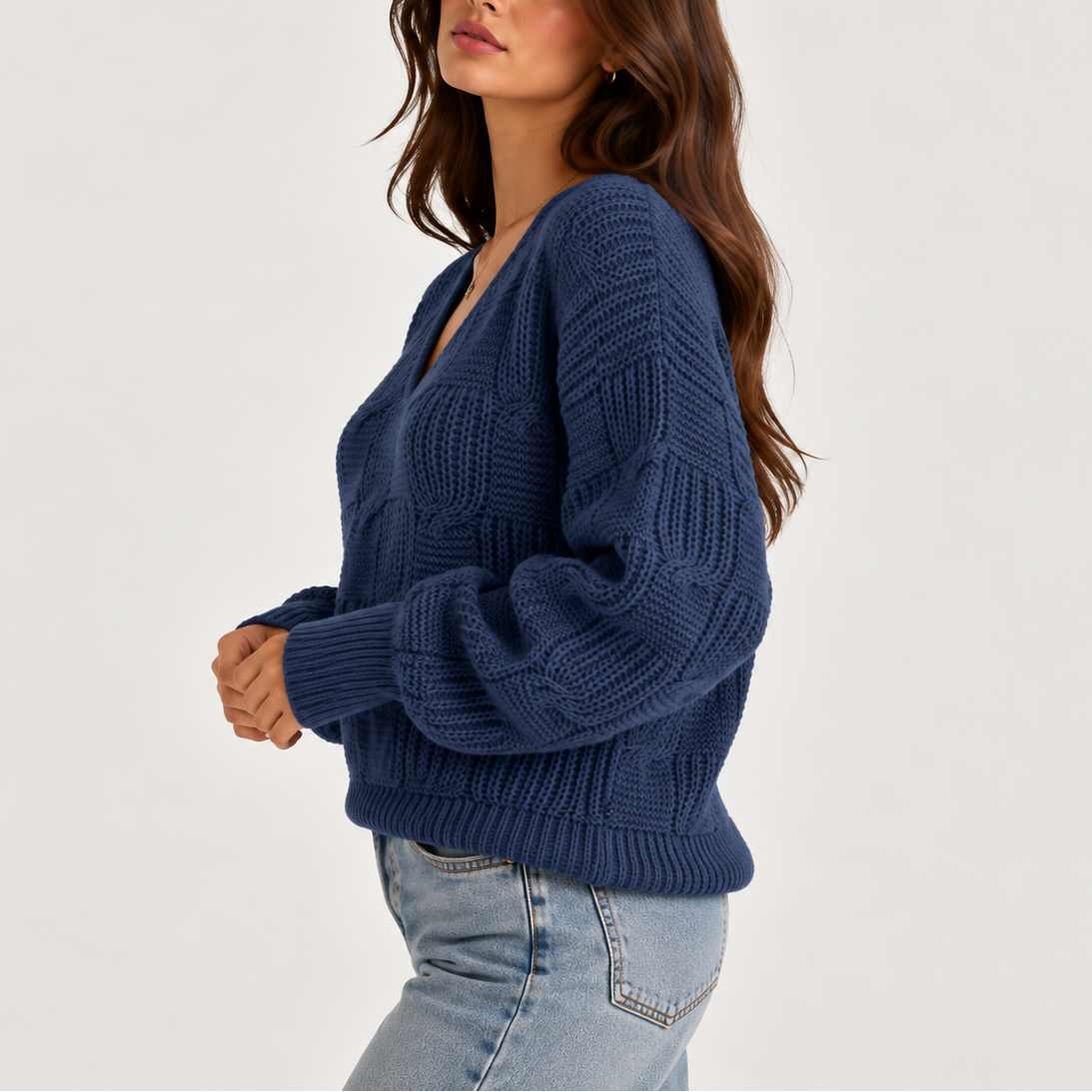 Women’s Oversized Cable Knit V-Neck Jumper – Casual Wear, Layering