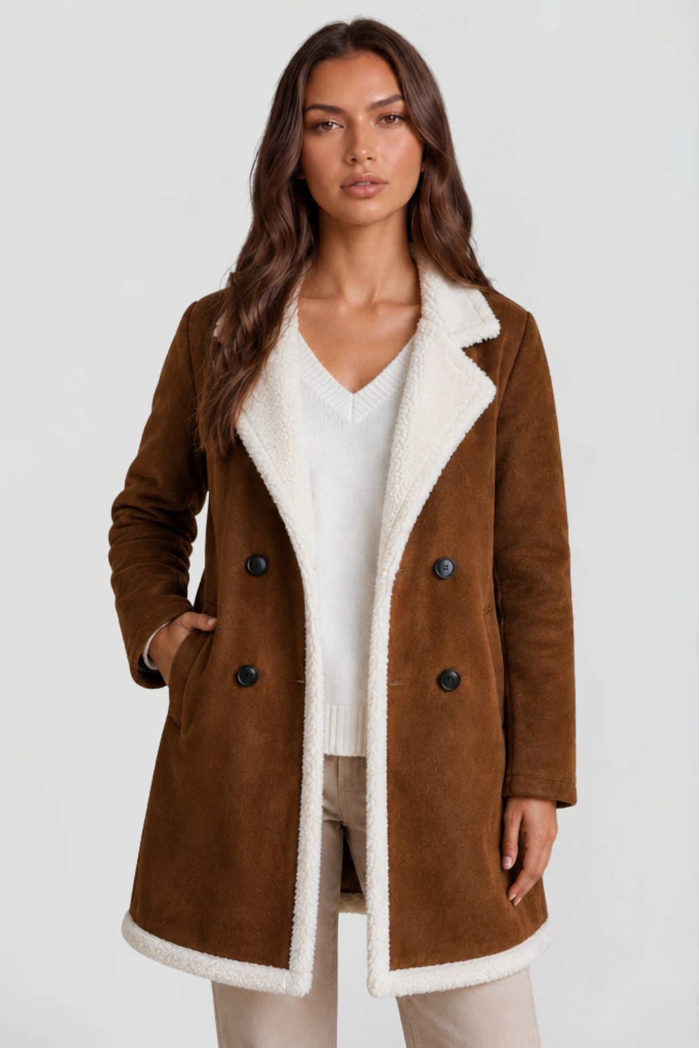 Longline Shearling Coat in Suede – Stylish Layering, Winter Warmth