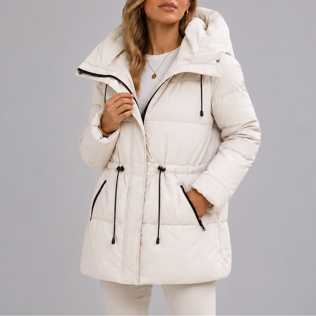 Women's Hooded Puffer Coat with Drawstring Waist – Casual Wear, Outdoor Activities