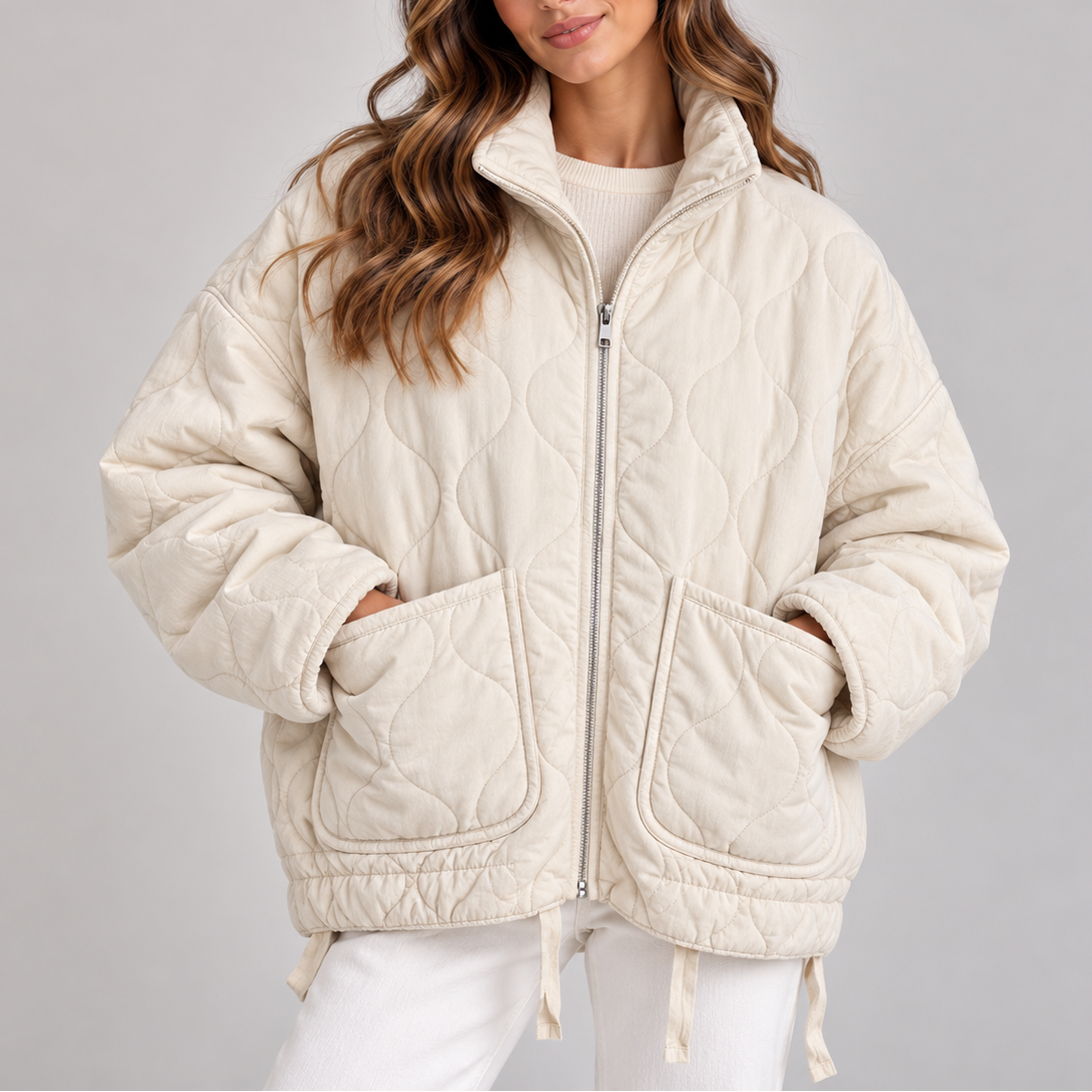 Women's Oversized Quilted Puffer Jacket – High Neck, Zip Up – Casual, Cold Weather