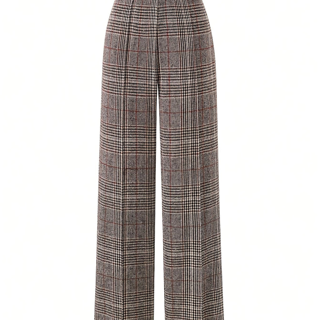 Wide-Leg Plaid Trousers for Women | Comfortable Cotton Blend Casual Pants