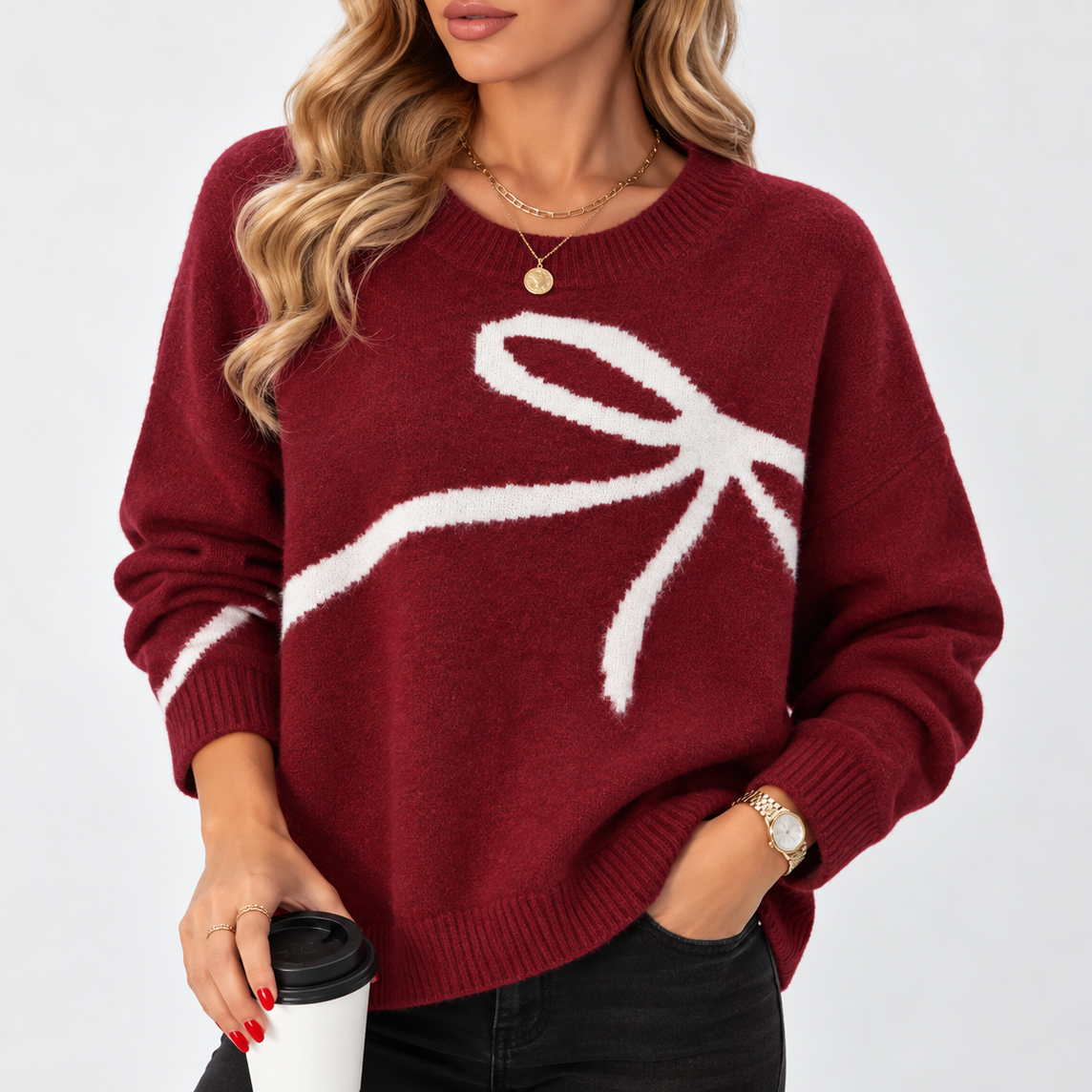 Oversized Knitted Jumper with Bow Print – Casual Wear, Everyday Style