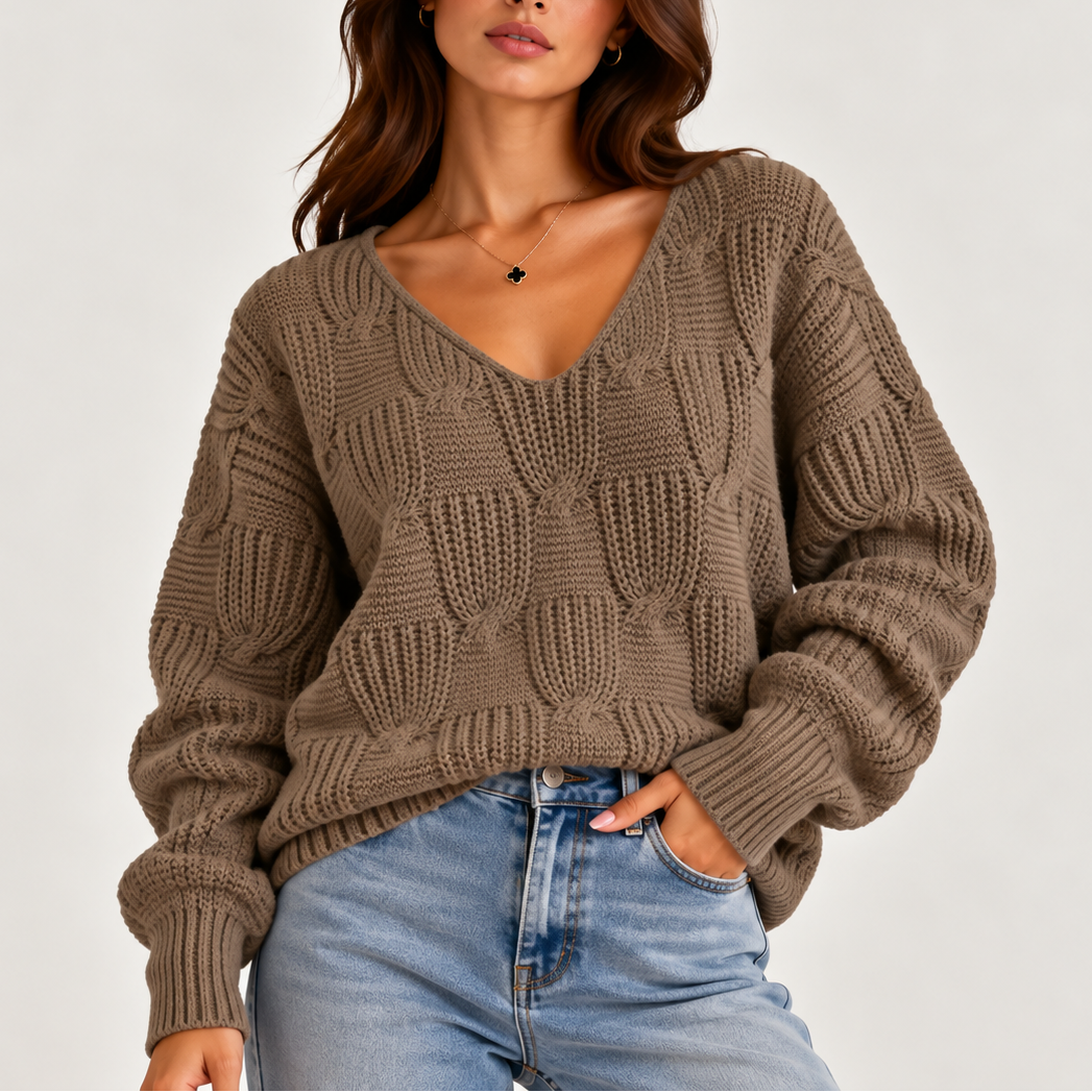 Women’s Oversized Cable Knit V-Neck Jumper – Casual Wear, Layering