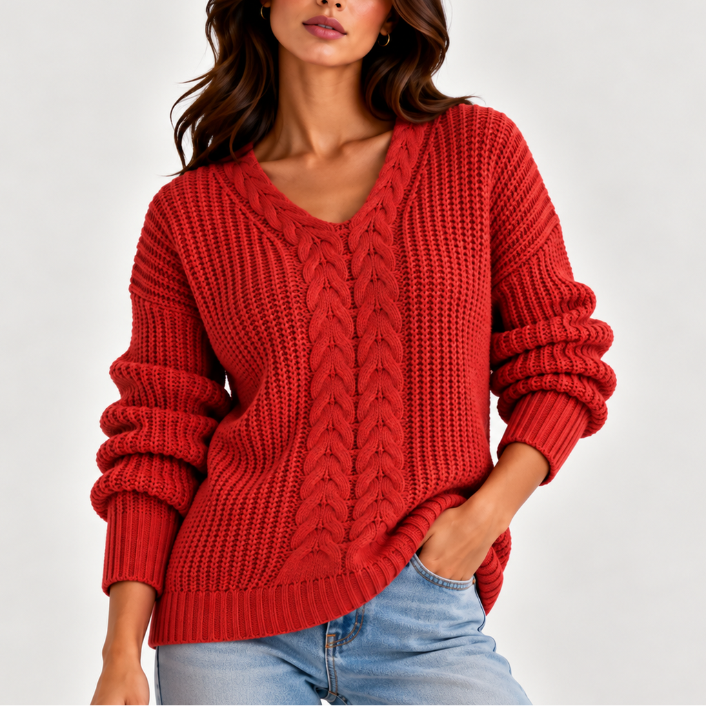 Women’s Cable Knit V-Neck Jumper – Long Sleeve, Casual, Everyday Wear