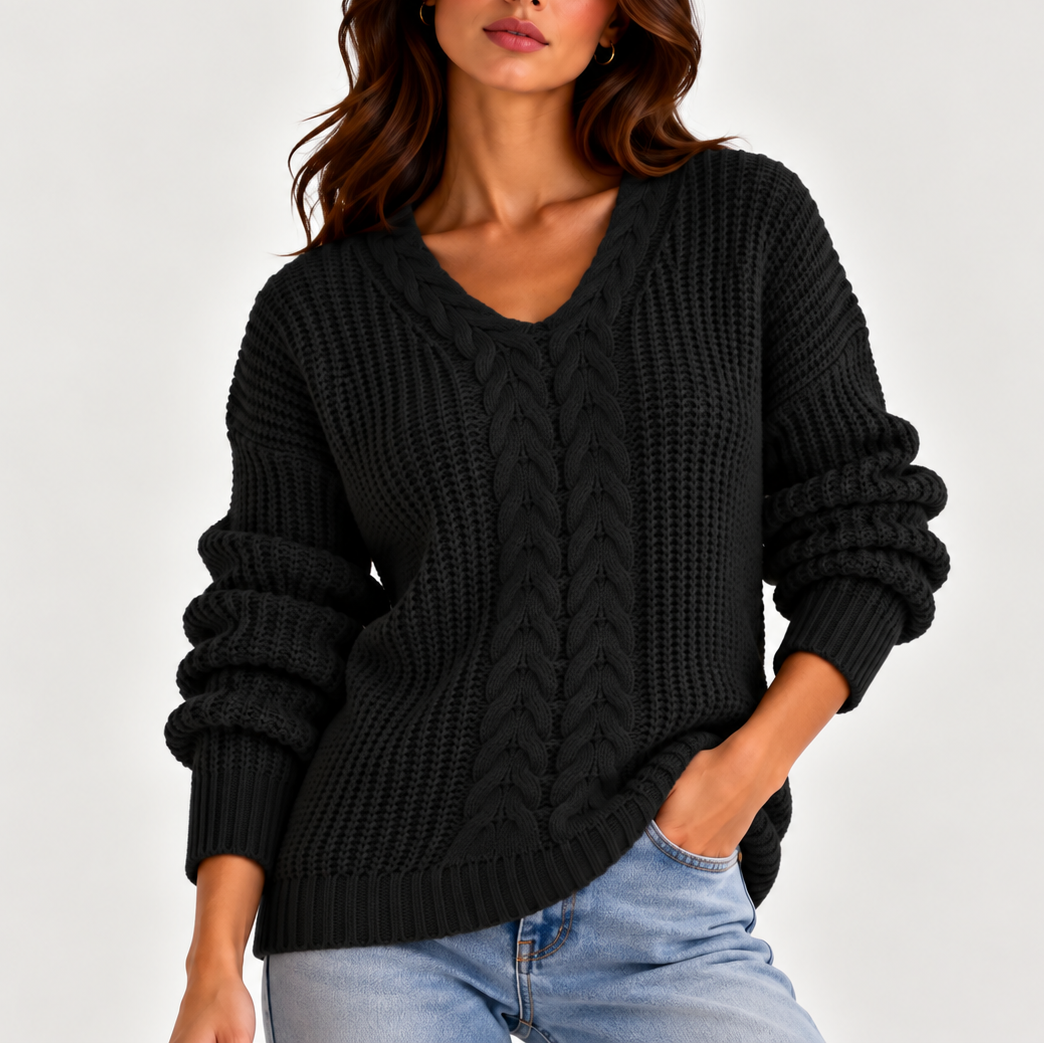 Women’s Cable Knit V-Neck Jumper – Long Sleeve, Casual, Everyday Wear