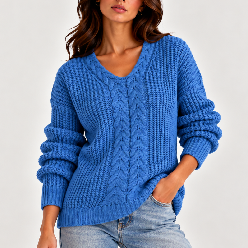 Women’s Cable Knit V-Neck Jumper – Long Sleeve, Casual, Everyday Wear