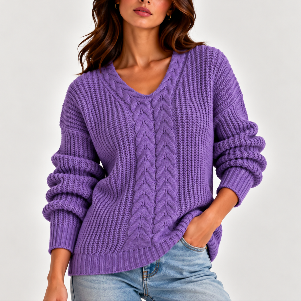 Women’s Cable Knit V-Neck Jumper – Long Sleeve, Casual, Everyday Wear