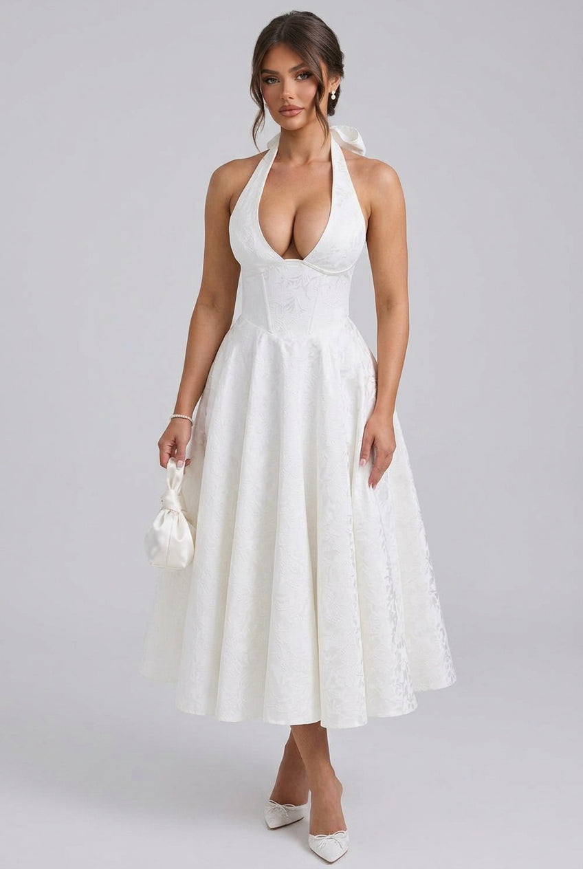 Jacquard Floral Midi Dress – Halter, Occasion Gown for Weddings & Events