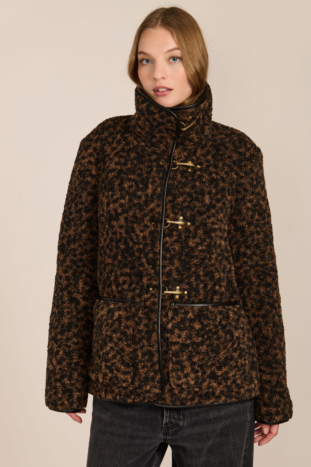 Leopard Fleece Jacket with Toggle Closures – Casual Wear, Winter Layering
