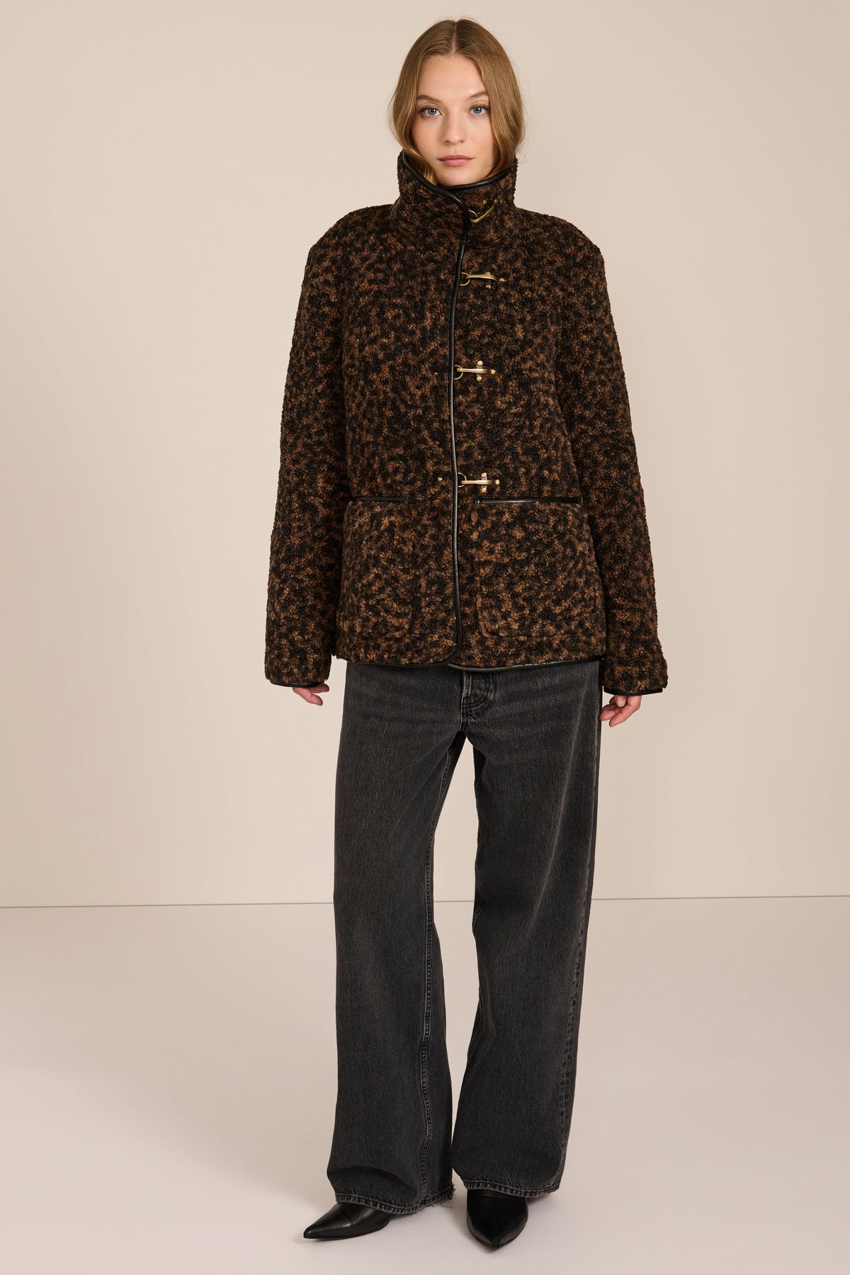 Leopard Fleece Jacket with Toggle Closures – Casual Wear, Winter Layering