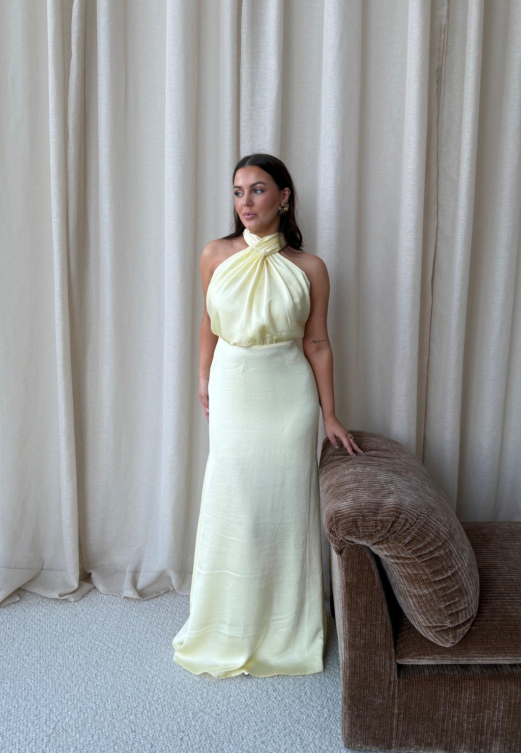 Satin Halter Maxi Dress – Slim Fit, Occasion Gown for Weddings & Events
