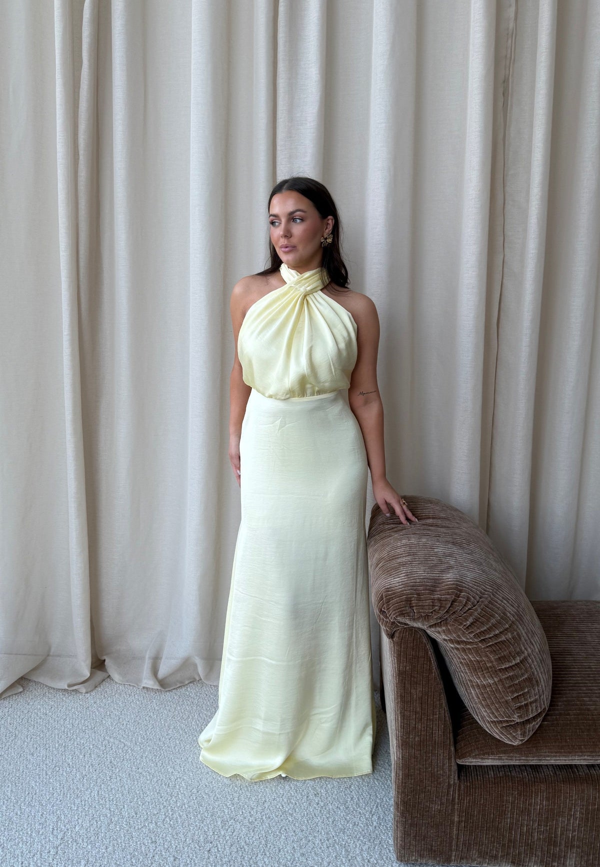 Satin Halter Maxi Dress – Slim Fit, Occasion Gown for Weddings & Events