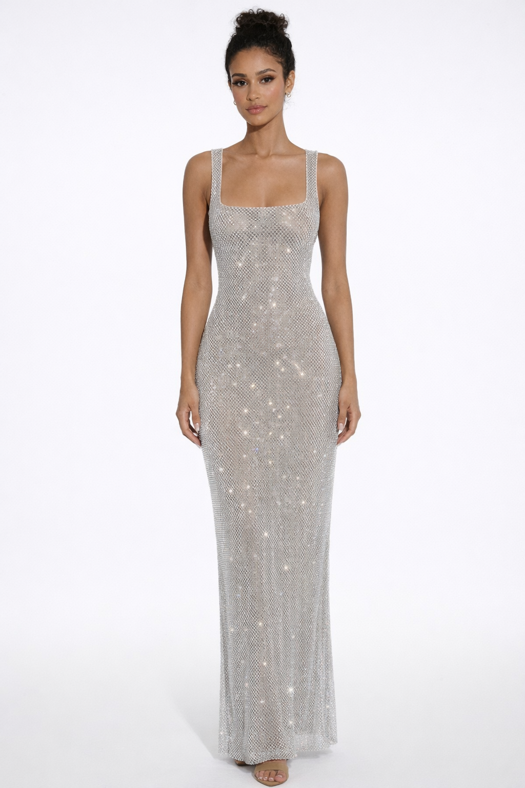 Crystal Mesh Square Neck Maxi Dress Women UK – Evening Gown, Formal Occasion