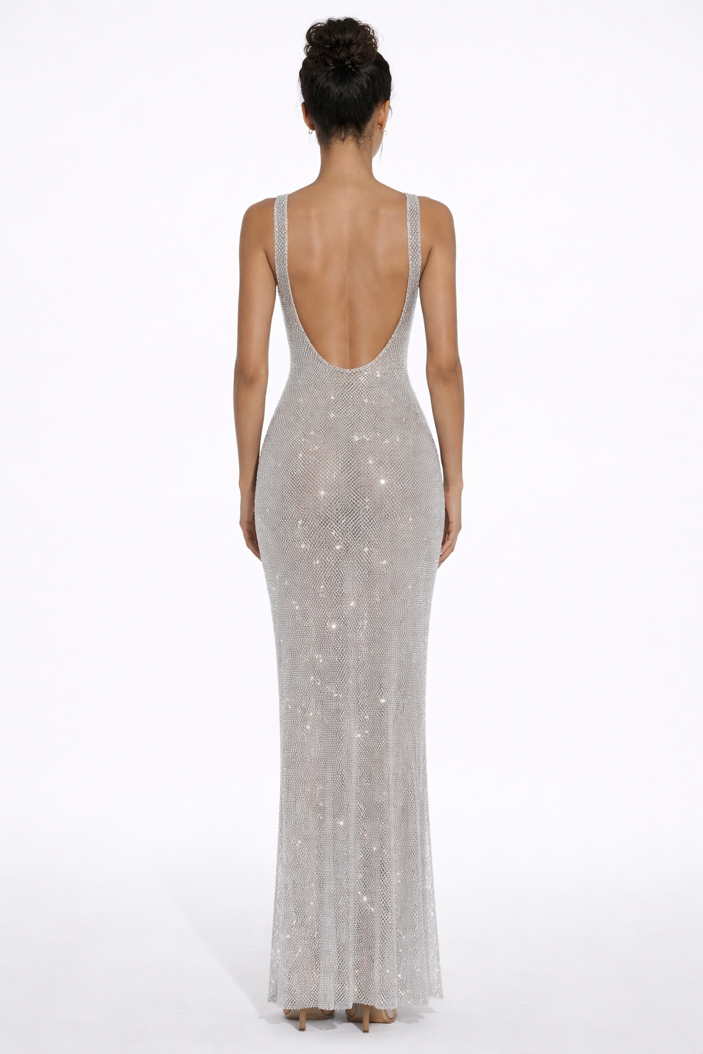 Crystal Mesh Square Neck Maxi Dress Women UK – Evening Gown, Formal Occasion