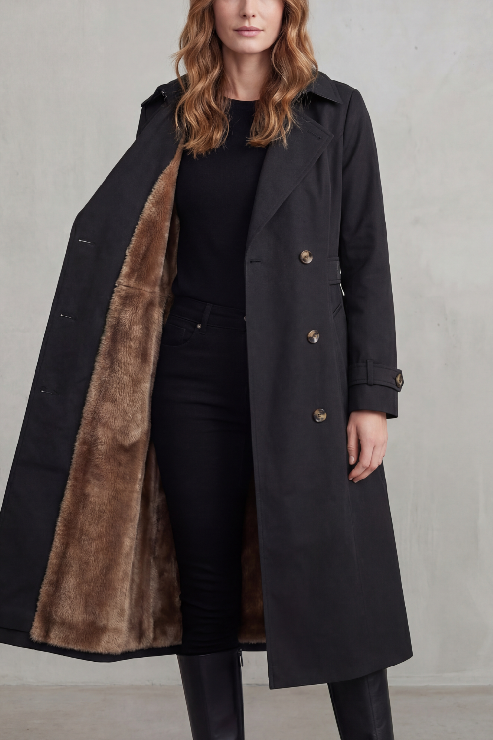 Women's Double-Breasted Winter Coat with Faux Fur Lining – Stylish, Cosy Layering, Everyday Wear