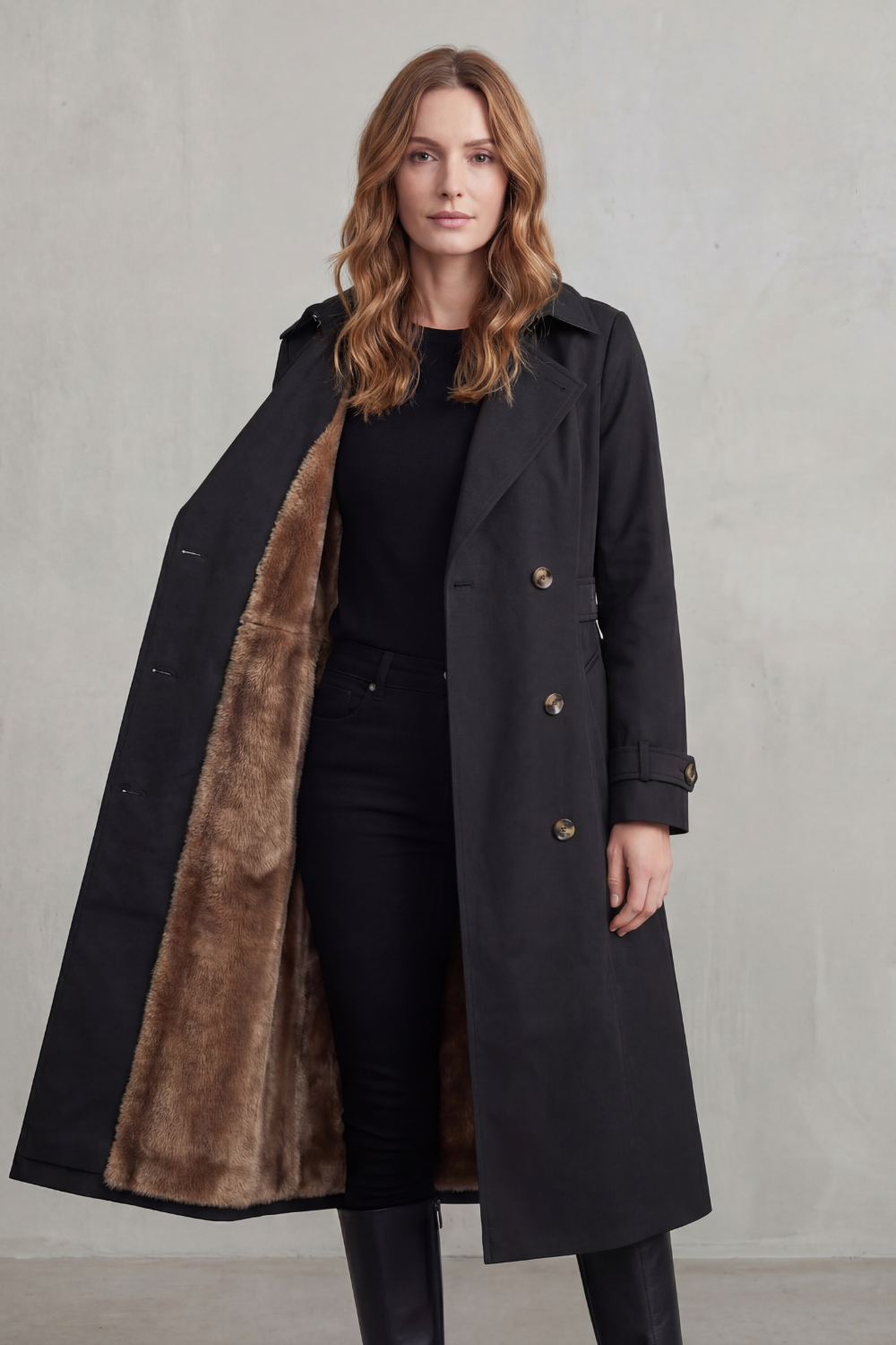 Women's Double-Breasted Winter Coat with Faux Fur Lining – Stylish, Cosy Layering, Everyday Wear