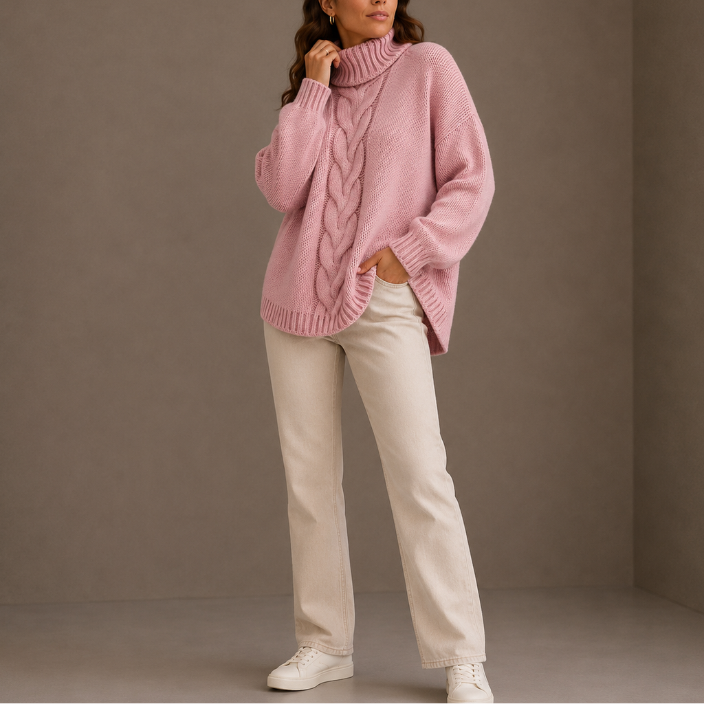Women’s Cable Knit Turtleneck Sweater – Oversized Winter Jumper, Casual, Warm
