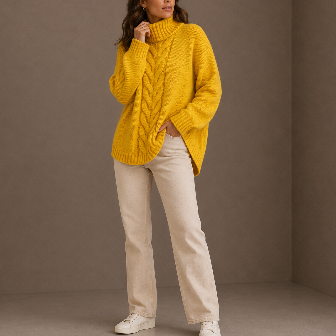 Women’s Cable Knit Turtleneck Sweater – Oversized Winter Jumper, Casual, Warm