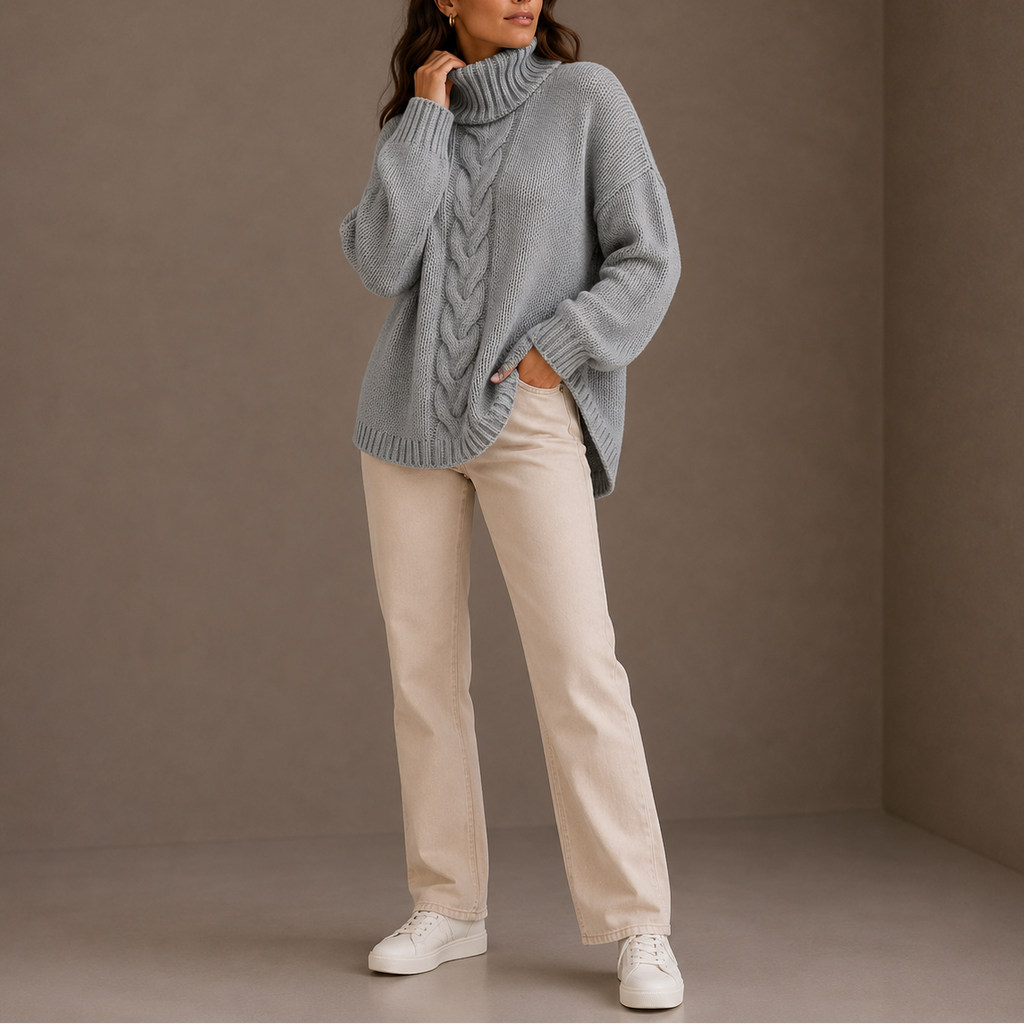 Women’s Cable Knit Turtleneck Sweater – Oversized Winter Jumper, Casual, Warm