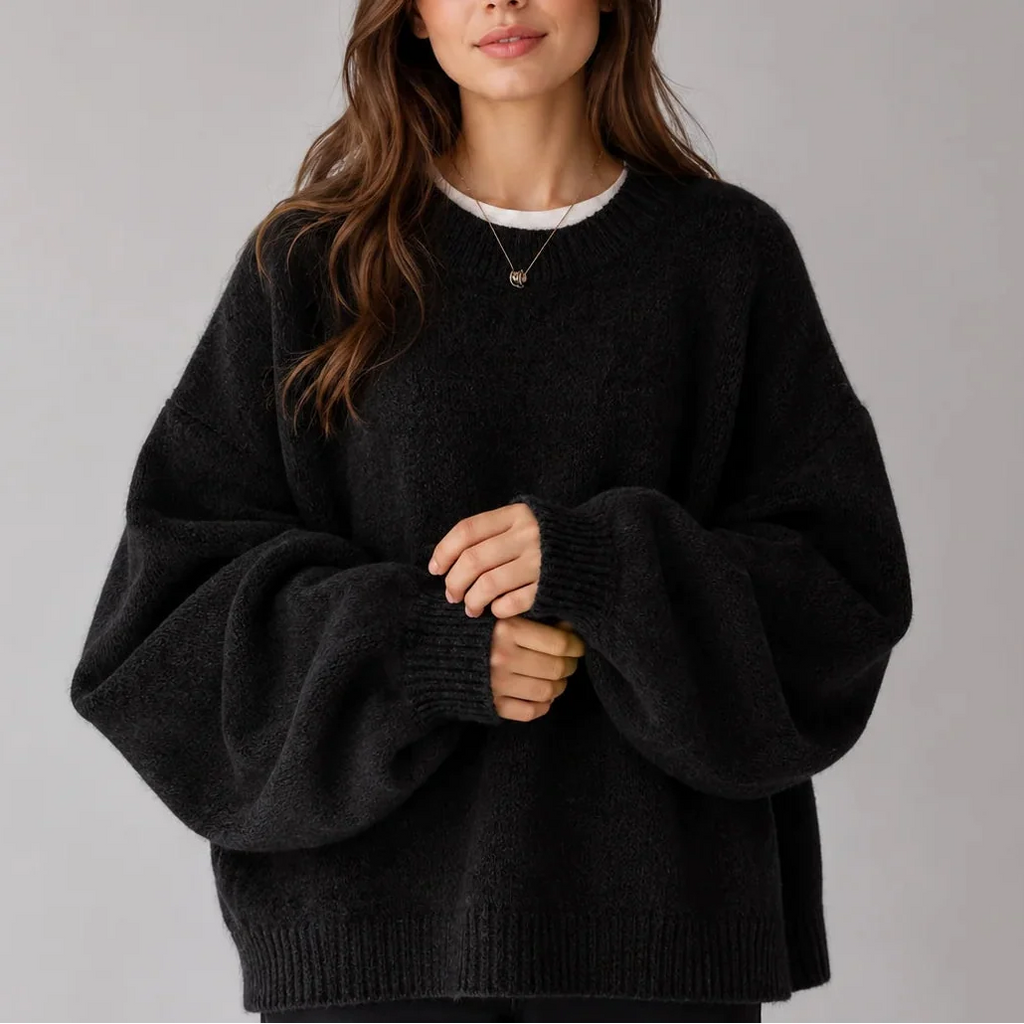 Oversized Knit Jumper for Women – Crew Neck, Balloon Sleeves – Casual, Everyday Wear