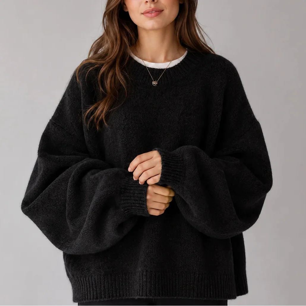 Oversized Knit Jumper for Women – Crew Neck, Balloon Sleeves – Casual, Everyday Wear