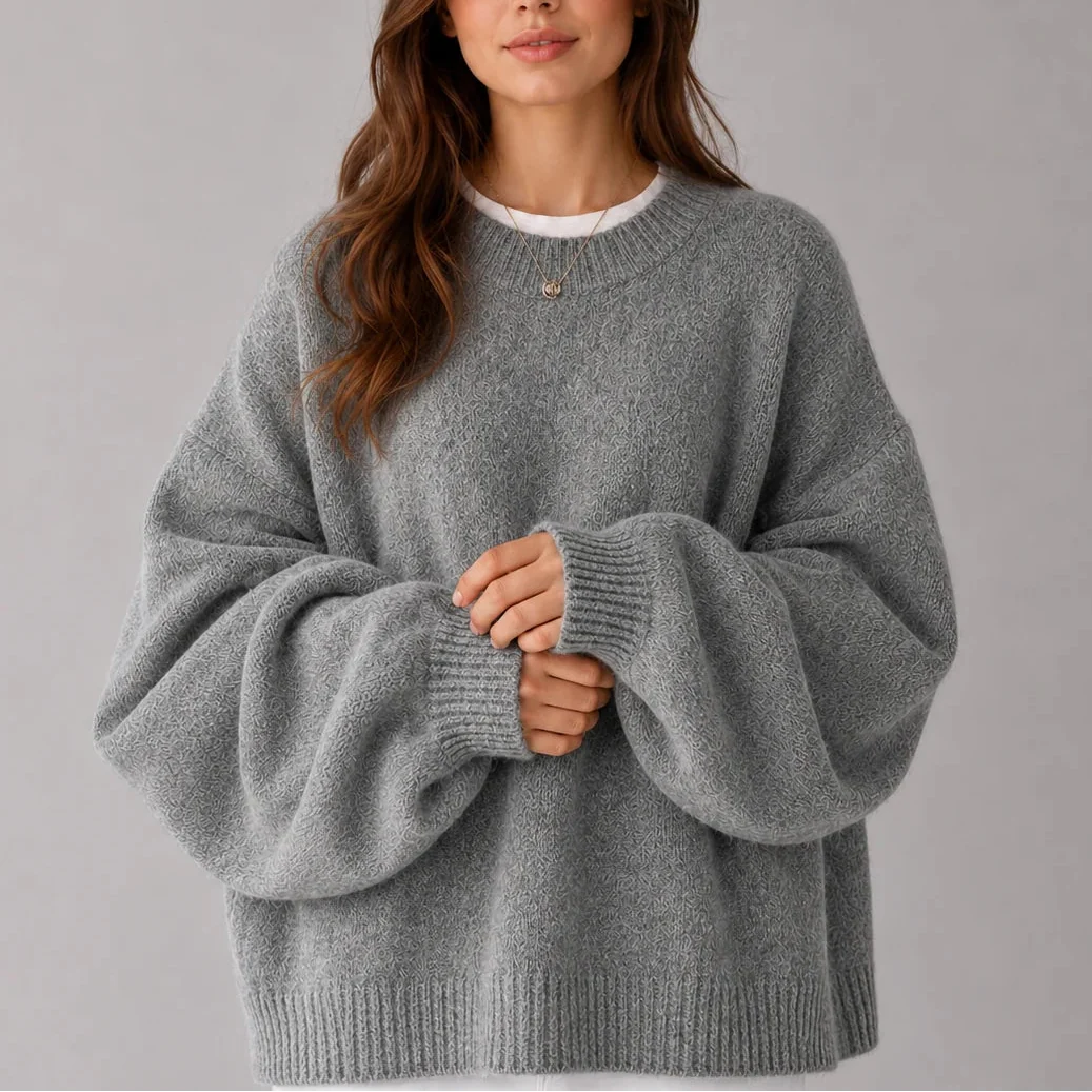 Oversized Knit Jumper for Women – Crew Neck, Balloon Sleeves – Casual, Everyday Wear