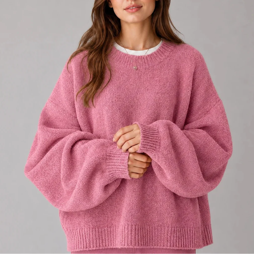 Oversized Knit Jumper for Women – Crew Neck, Balloon Sleeves – Casual, Everyday Wear