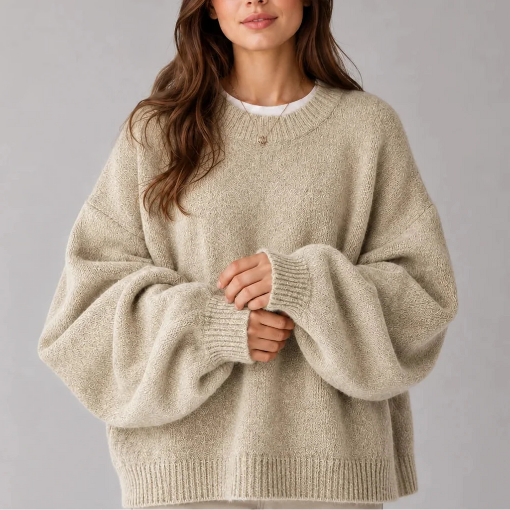 Oversized Knit Jumper for Women – Crew Neck, Balloon Sleeves – Casual, Everyday Wear