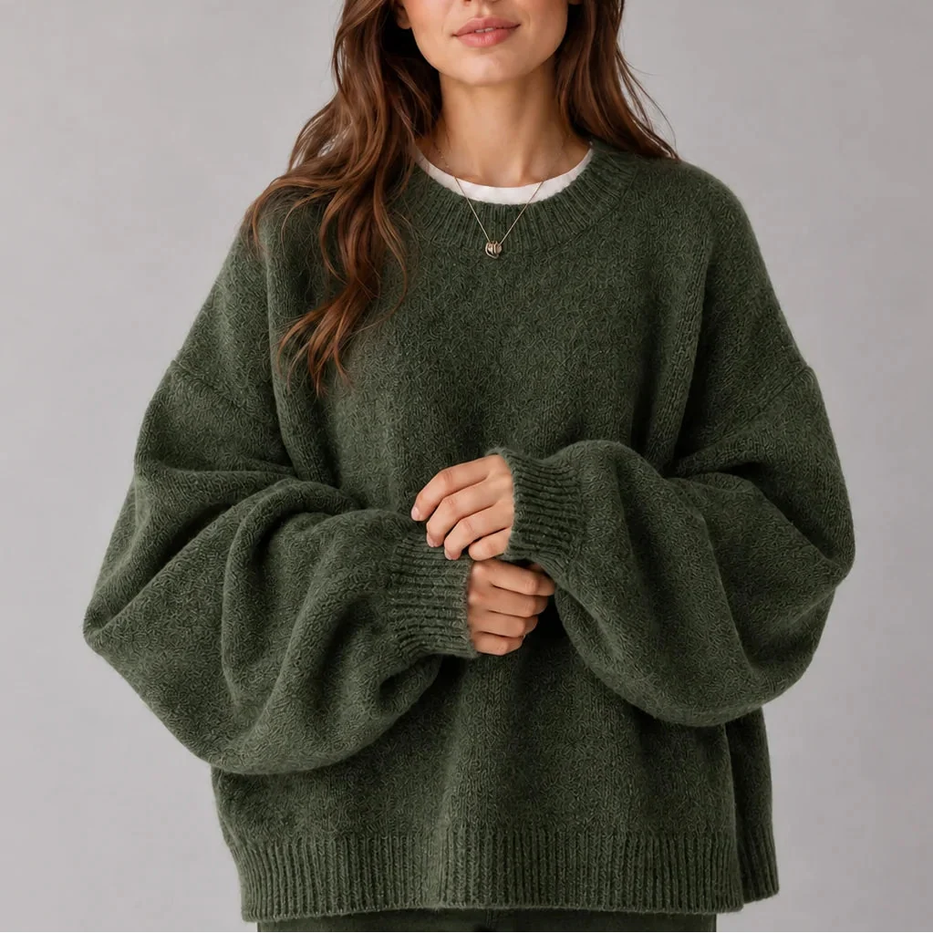 Oversized Knit Jumper for Women – Crew Neck, Balloon Sleeves – Casual, Everyday Wear