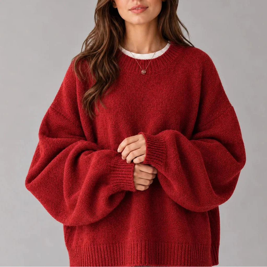 Oversized Knit Jumper for Women – Crew Neck, Balloon Sleeves – Casual, Everyday Wear