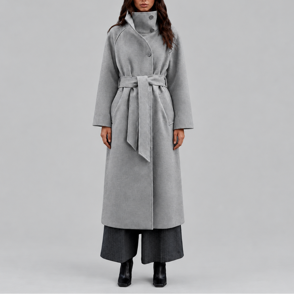 Women's Long Coat, Belted Wrap with Wide Collar – Winter Fashion, Casual Outing