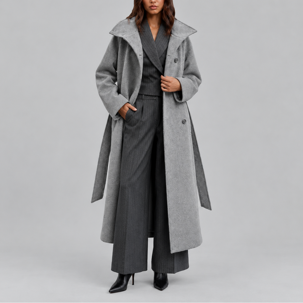 Women's Long Coat, Belted Wrap with Wide Collar – Winter Fashion, Casual Outing