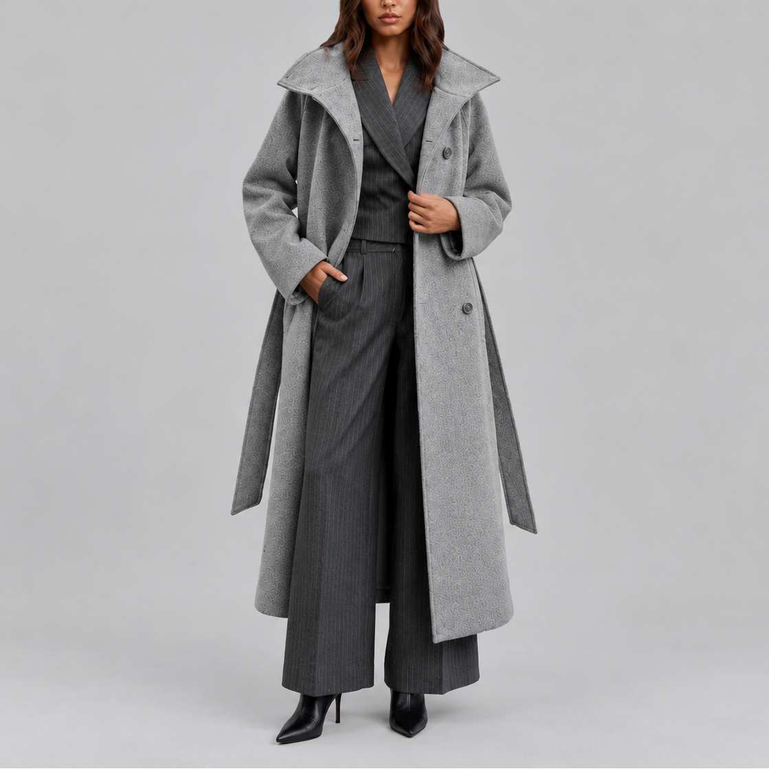 Women's Long Coat, Belted Wrap with Wide Collar – Winter Fashion, Casual Outing