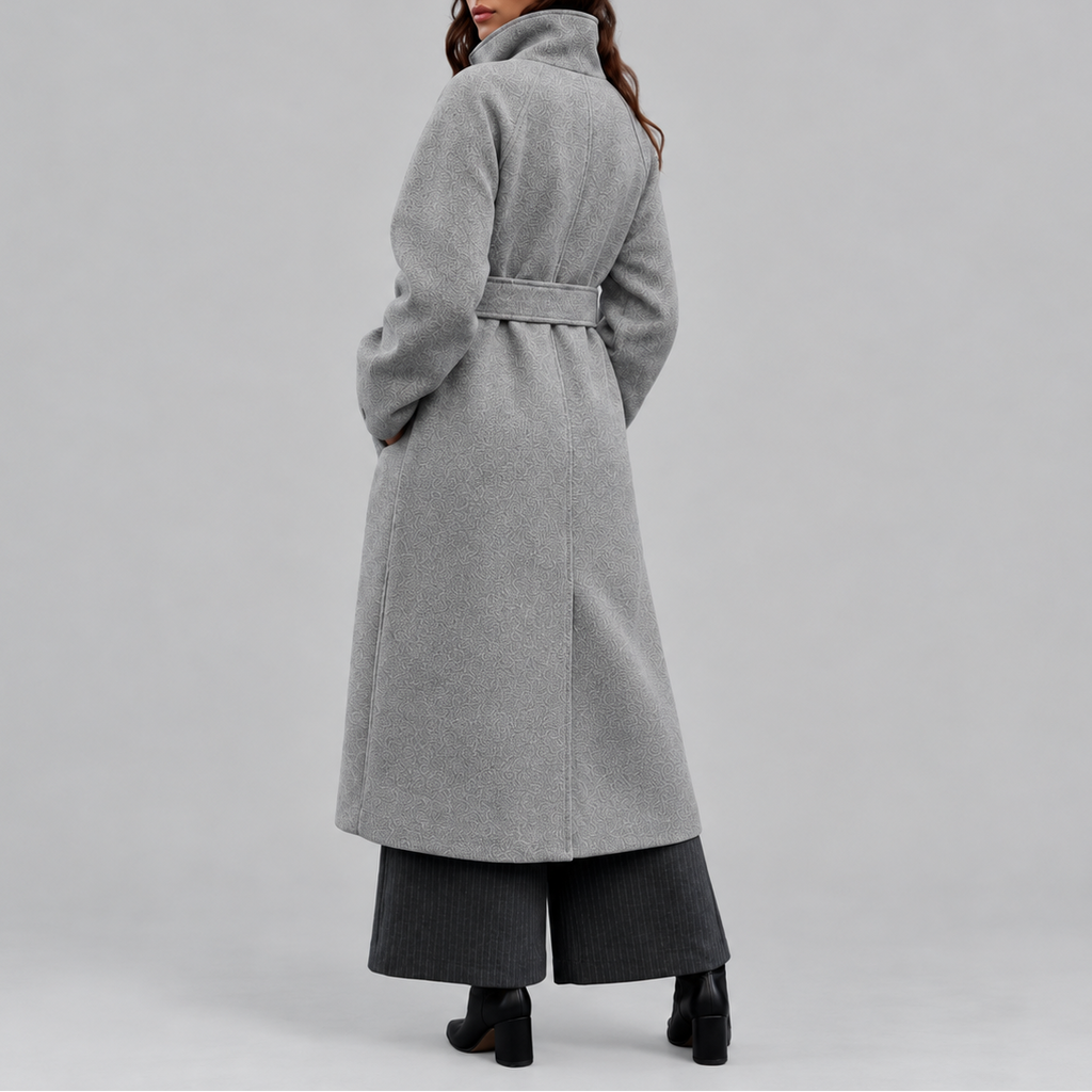 Women's Long Coat, Belted Wrap with Wide Collar – Winter Fashion, Casual Outing